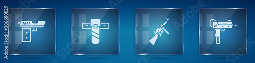 Set Pistol or gun, Knife holster, Tommy and UZI submachine. Square glass panels. Vector.