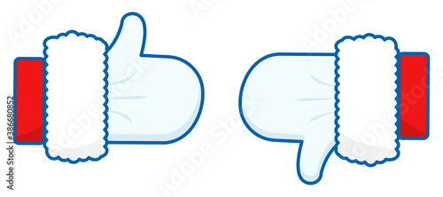 Santas thumb up and down. Yes and no finger sign in Christmas style. Isolated good and bad choice. Santa Claus gloves says like or dislike. Positive and negative vector. Correct thumbs. EPS 10.