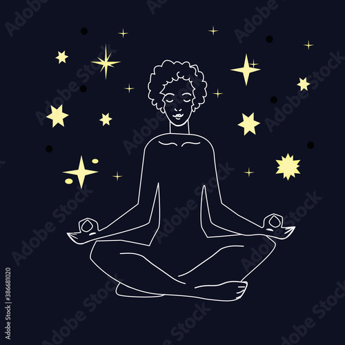 Female white linear silhouette in meditating lotus pose on a black background with stars. Yoga concept vector illustration.
