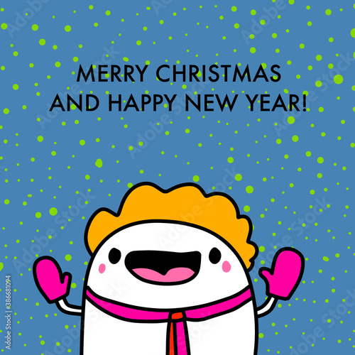 Merry christmas and happy new year hand drawn vector illustration in cartoon doodle style man happy mittens