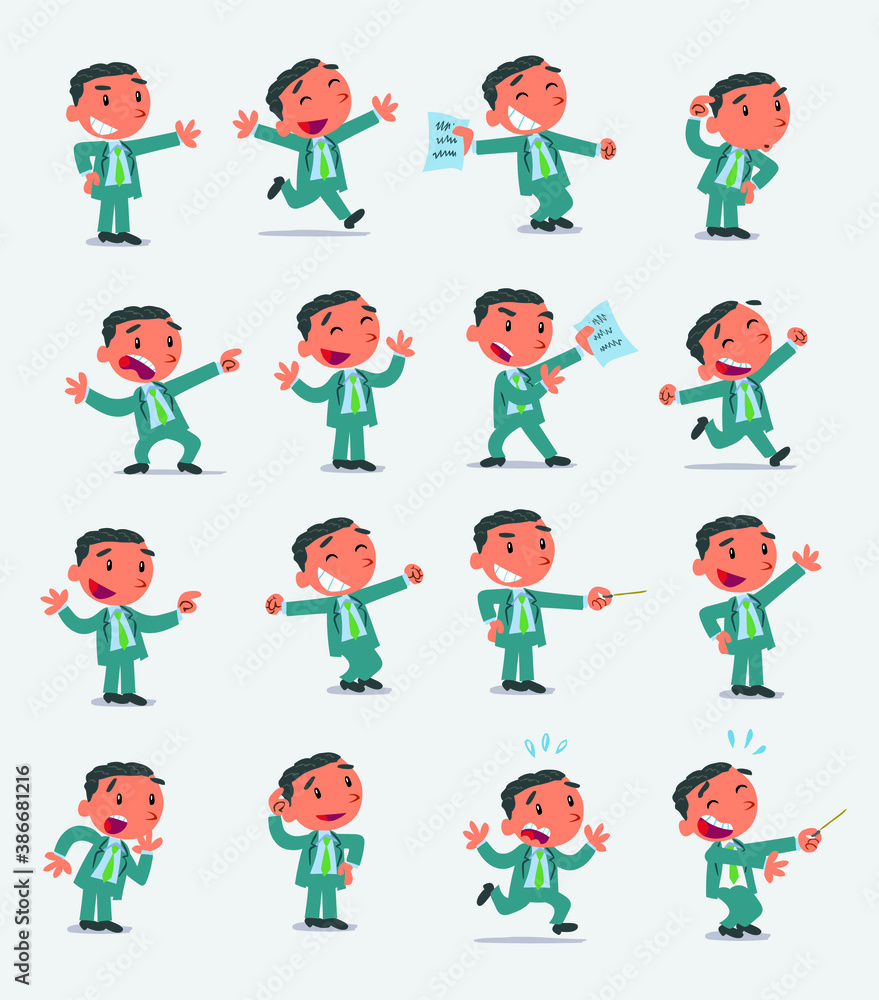 Cartoon character businessman in smart casual style. Set with different postures, attitudes and poses, doing different activities in isolated vector illustrations Cartoon character businessman in smart casual style. Set with different postures, attitudes and poses, doing different activities in isolated vector illustrations