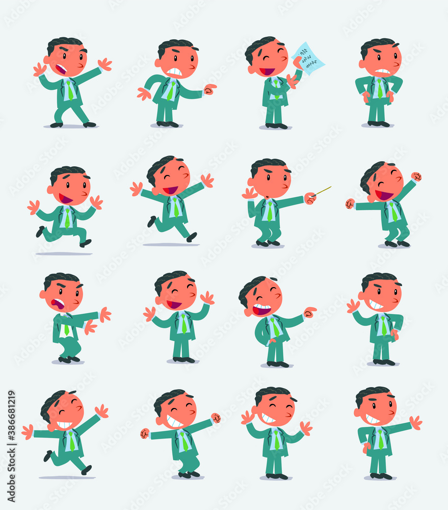 Cartoon character businessman in smart casual style. Set with different postures, attitudes and poses, doing different activities in isolated vector illustrations Cartoon character businessman in smart casual style. Set with different postures, attitudes and poses, doing different activities in isolated vector illustrations