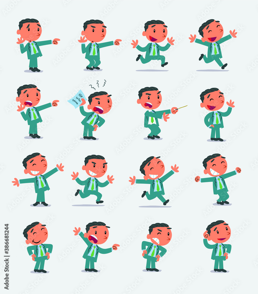 Cartoon character businessman in smart casual style. Set with different postures, attitudes and poses, doing different activities in isolated vector illustrations 