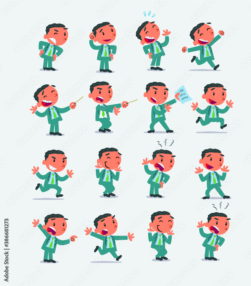 Cartoon character businessman in smart casual style. Set with different postures, attitudes and poses, doing different activities in isolated vector illustrations Cartoon character businessman in smart casual style. Set with different postures, attitudes and poses, doing different activities in isolated vector illustrations