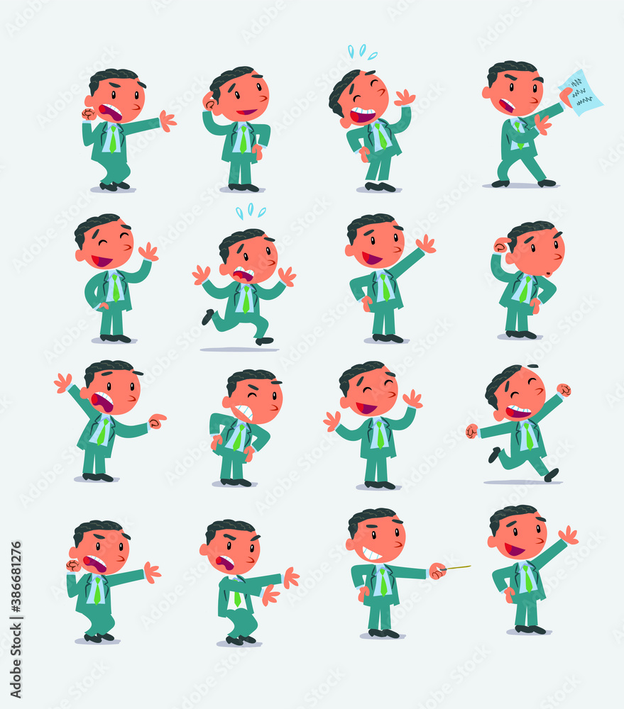 Cartoon character businessman in smart casual style. Set with different postures, attitudes and poses, doing different activities in isolated vector illustrations Cartoon character businessman in smart casual style. Set with different postures, attitudes and poses, doing different activities in isolated vector illustrations