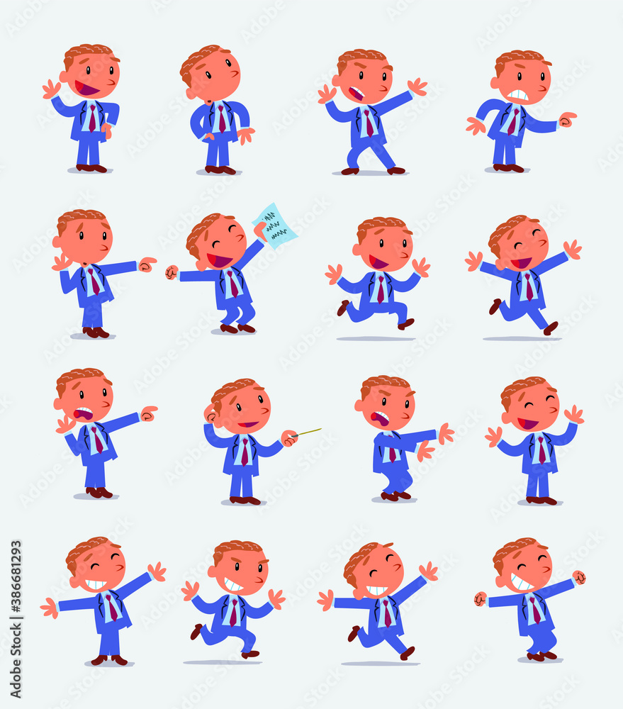 Cartoon character businessman in smart casual style. Set with different postures, attitudes and poses, doing different activities in isolated vector illustrations Cartoon character businessman in smart casual style. Set with different postures, attitudes and poses, doing different activities in isolated vector illustrations