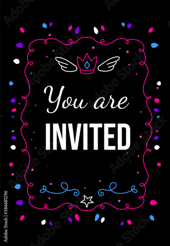 Vector royal template illustration with curly frame and invitation word on black background with crown and star.