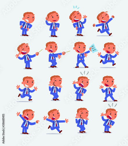 Cartoon character businessman in smart casual style. Set with different postures, attitudes and poses, doing different activities in isolated vector illustrations 