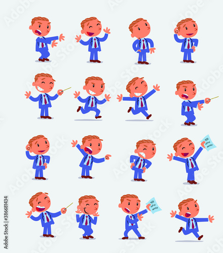 Cartoon character businessman in smart casual style. Set with different postures, attitudes and poses, doing different activities in isolated vector illustrations 