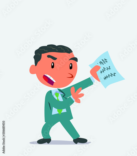 cartoon character of businessman arguing effusively with document in hand