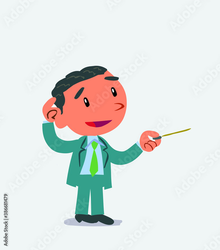 cartoon character of businessman doubts while pointing with a pointer