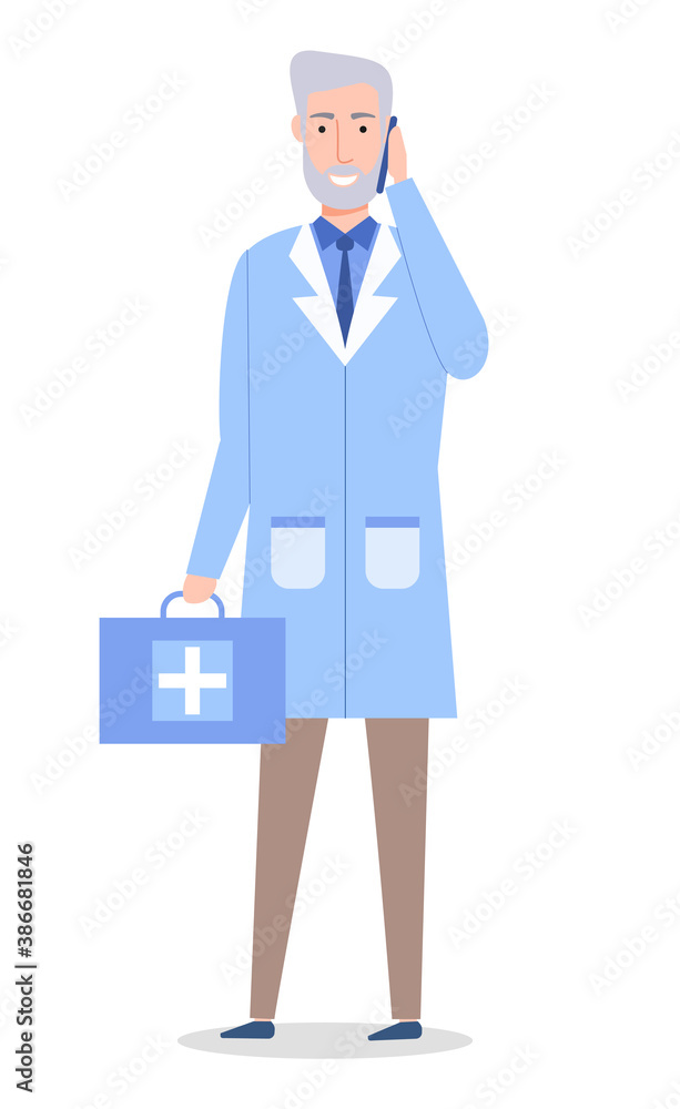 A man doctor talking on mobile phone. Elderly male character wearing medical clothes holding first aid kit goes to meet the patient in clinic. Medical worker in a doctor s suit with medical case A man doctor talking on mobile phone. Elderly male character wearing medical clothes holding first aid kit goes to meet the patient in clinic. Medical worker in a doctor s suit with medical case