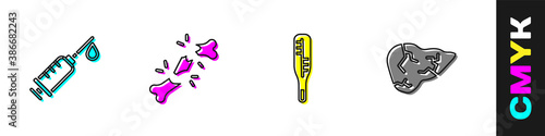 Set Syringe, Human broken bone, Medical thermometer and Hepatitis virus icon. Vector.