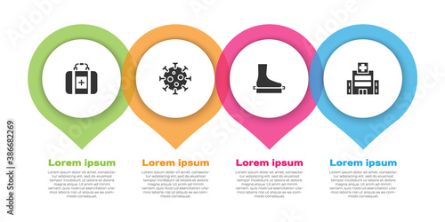 Set First aid kit, Virus, Flat foot and Medical hospital building. Business infographic template. Vector.