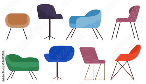 Chairs collection, comfortable seat, armchairs, cozy furniture for home or office, place for relax, sitting and working, colorful vector icons, chair from front and side view, interior design objects