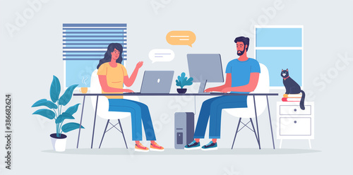 Two people woman and man work remote at home office