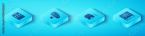 Set Isometric Eye test chart, Deaf, Lungs x-ray and Man coughing icon. Vector.