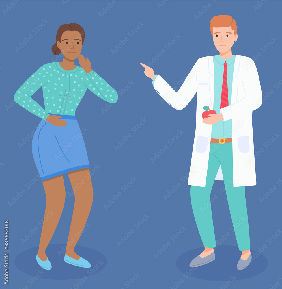 Consultation with doctor. African woman patient talking with dentist. Stomatologist holding apple discussing teeth pain of patient. Checking health in doctor. Cartoon characters isolated flat style Consultation with doctor. African woman patient talking with dentist. Stomatologist holding apple discussing teeth pain of patient. Checking health in doctor. Cartoon characters isolated flat style