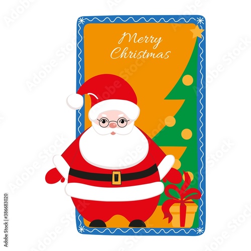 Cute Santa Claus with a Christmas tree and a gift on a Christmas card. Great for card  poster  poster and kids room decoration.