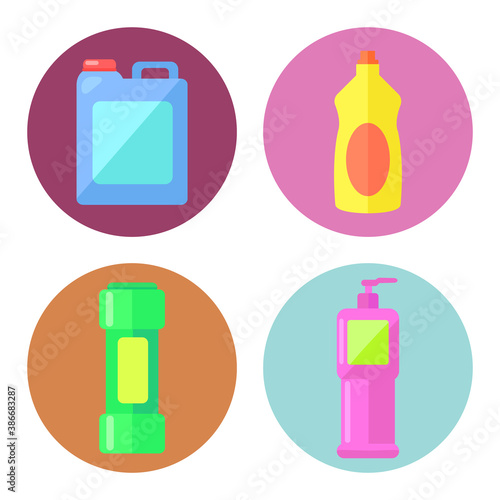 Household chemicals containers plastic bottle pack, cleaning housework liquid domestic fluid cleaner in a round frames. Plastic detergent bottles vector set. Industrial chemicals different bottles
