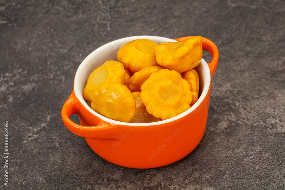 Marinated yellow patisson in the bowl Marinated yellow patisson in the bowl