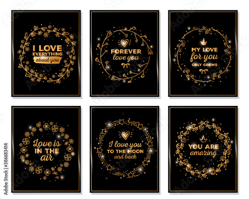 Vector set of romantic template with golden color floral wreath with heart and star on black background.