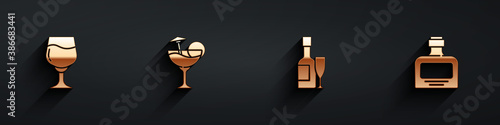 Set Wine glass, Cocktail, Champagne bottle and and Whiskey icon with long shadow. Vector.