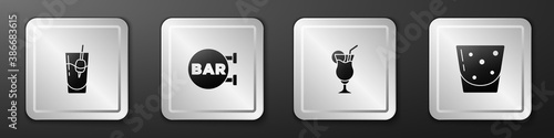 Set Cocktail Bloody Mary, Street signboard with Bar, and Glass of rum icon. Silver square button. Vector.