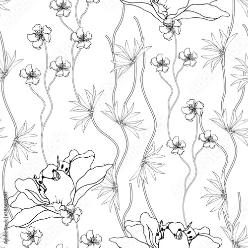 Black and white floral seamless pattern. Texture from contour flowers for paper, coloring, wallpaper on the wall.