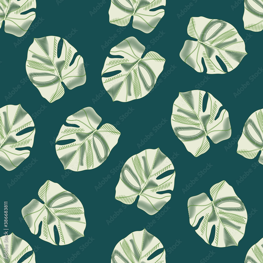 Random botanic seamless patttern with green monstera ornament. Hawaiian palm foliage print with dark tuquoise background. Random botanic seamless patttern with green monstera ornament. Hawaiian palm foliage print with dark tuquoise background.