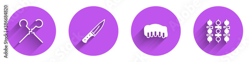 Set BBQ skewers, Meat chopper, Grilled pork bbq ribs and shish kebab icon with long shadow. Vector.