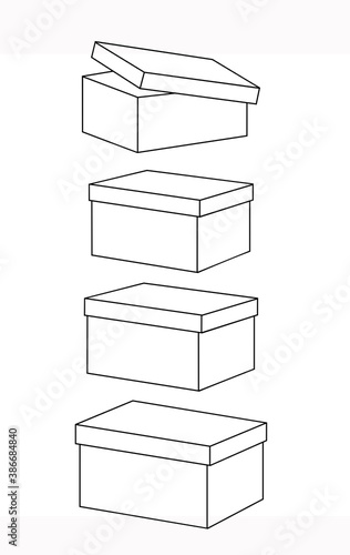 Set of boxes with lids, linear drawing. Vector illustration