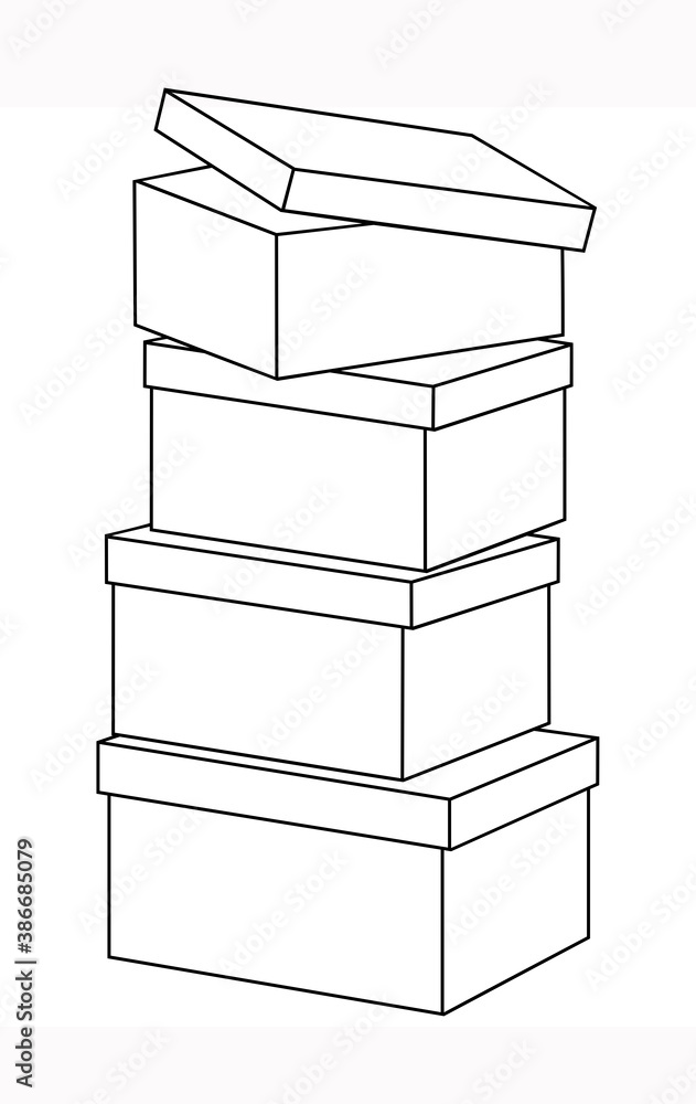 Set of boxes with lids, stack of boxes, line drawing. Vector