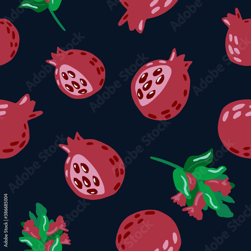 Dark garnet random ornament with branches seamless pattern. Black background. Red colored fruit silouettes with green foliage elements.