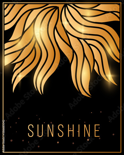 Vector sunshine illustration with beautiful golden flower and frame on black background with header and sparkle.