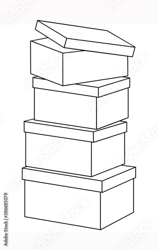 Set of boxes with lids, stack of boxes, line drawing. Vector illustration