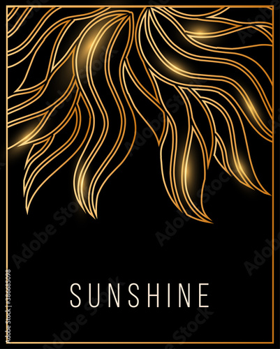 Vector sunshine illustration with beautiful golden line art flower and thin frame on black background with header and sparkle.