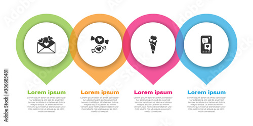 Set Envelope with Valentine heart, Candy, Ice cream waffle cone and Mobile. Business infographic template. Vector.