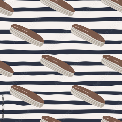 Grey eclair with chocolate glaze seamless stylized pattern. Monochrome background with black and white strips.