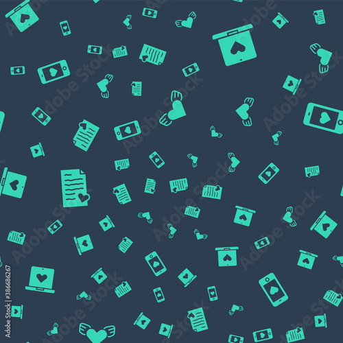 Set Heart with wings, Dating app online, Envelope Valentine heart and Mobile on seamless pattern. Vector.