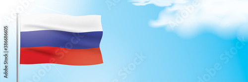 Russia flag waving on a blue sky background. Horizontal vector banner design, with the Russian Federation flag, hanging on a sunny background with white clouds. Tricolour Russia flag banner.