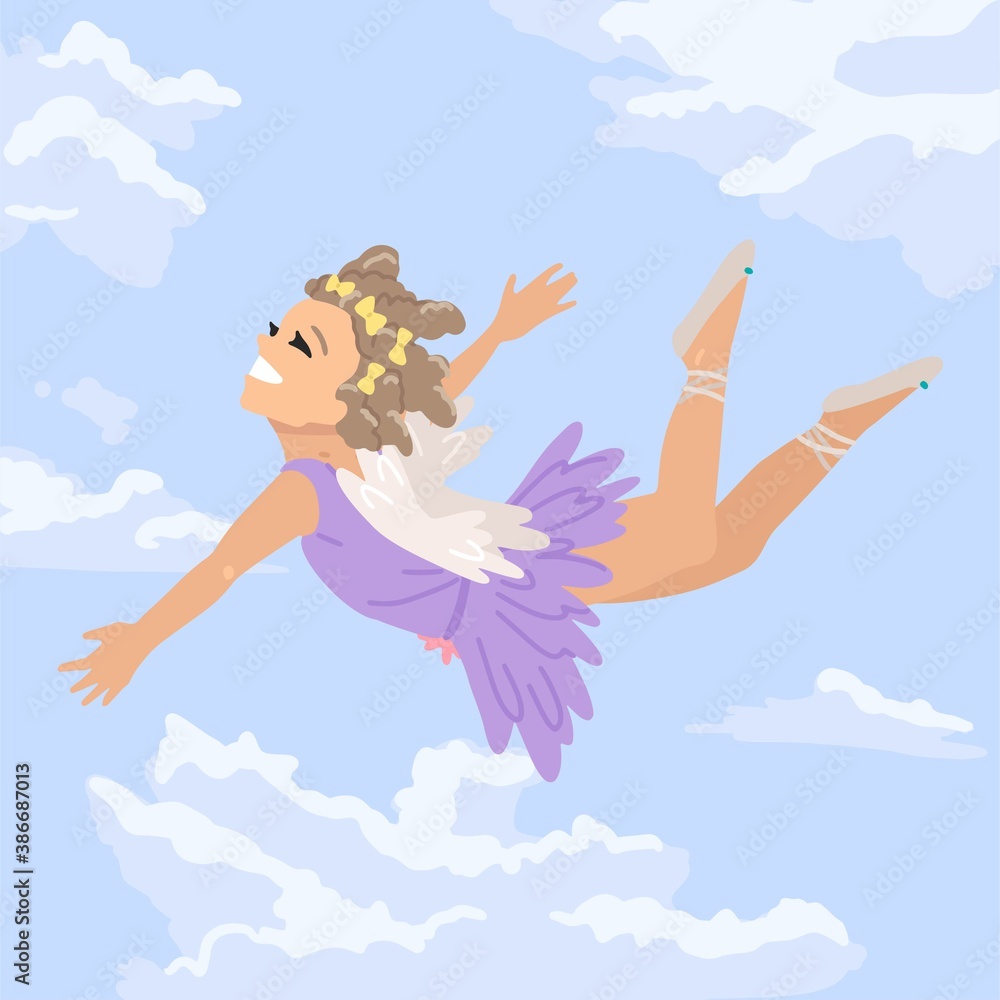 Fairy girl flies in the sky, a fairy in the clouds, a girl dressed as an angel. Vector illustration of cartoon character, square postcard cover.