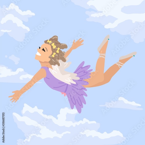 Fairy girl flies in the sky, a fairy in the clouds, a girl dressed as an angel. Vector illustration of cartoon character, square postcard cover.