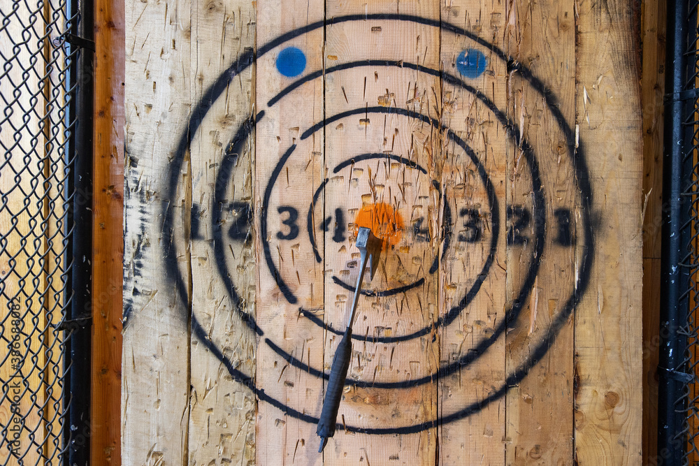 Axe throwing target with axe in center on bullseye Axe throwing target with axe in center on bullseye