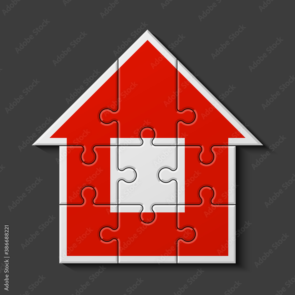 Puzzle house presentation. Home kit banner. Infographic template with explanatory text field for business statistics illustration
