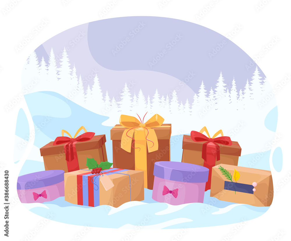 Many gifts on the New Year background. Flat vector illustration.