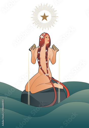 Beautiful girl, nymph or mermaid on a rock in the waves, isolated on white background, under a star.