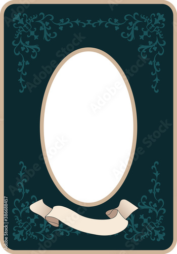 Oval vintage style frame with ornamental motifs and blank banner for text