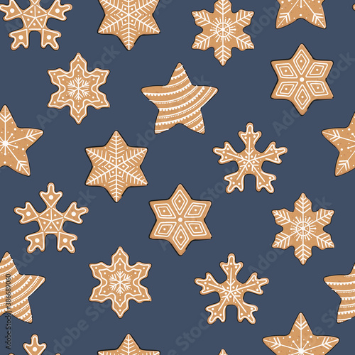 Seamless pattern with gingerbread cookies. Christmas ornament for winter holidays