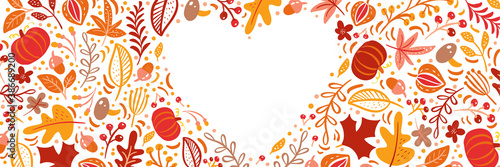 Autumn leaves, fruits, berries and pumpkins border heart frame background with space text. Seasonal floral maple oak tree orange leaves for Thanksgiving Day
